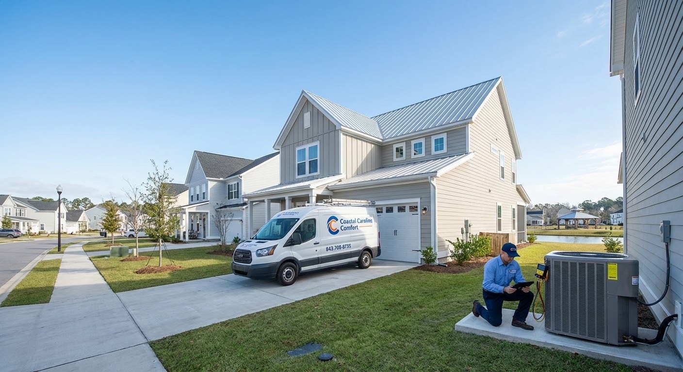 Coastal Carolina Comfort van and technician servicing AC unit at residential neighborhood
