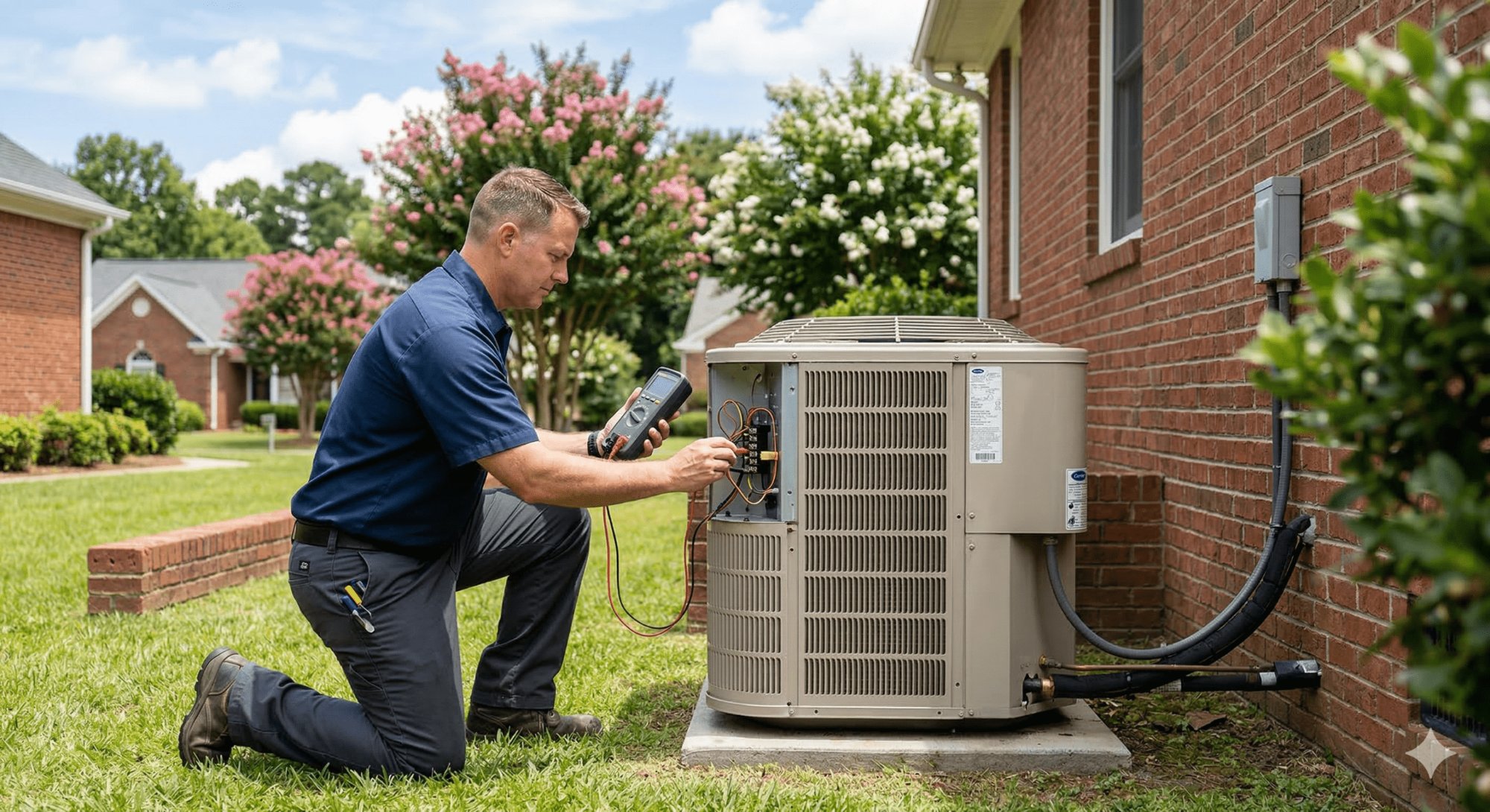 Coastal Carolina Comfort technician running diagnostics on outdoor AC unit