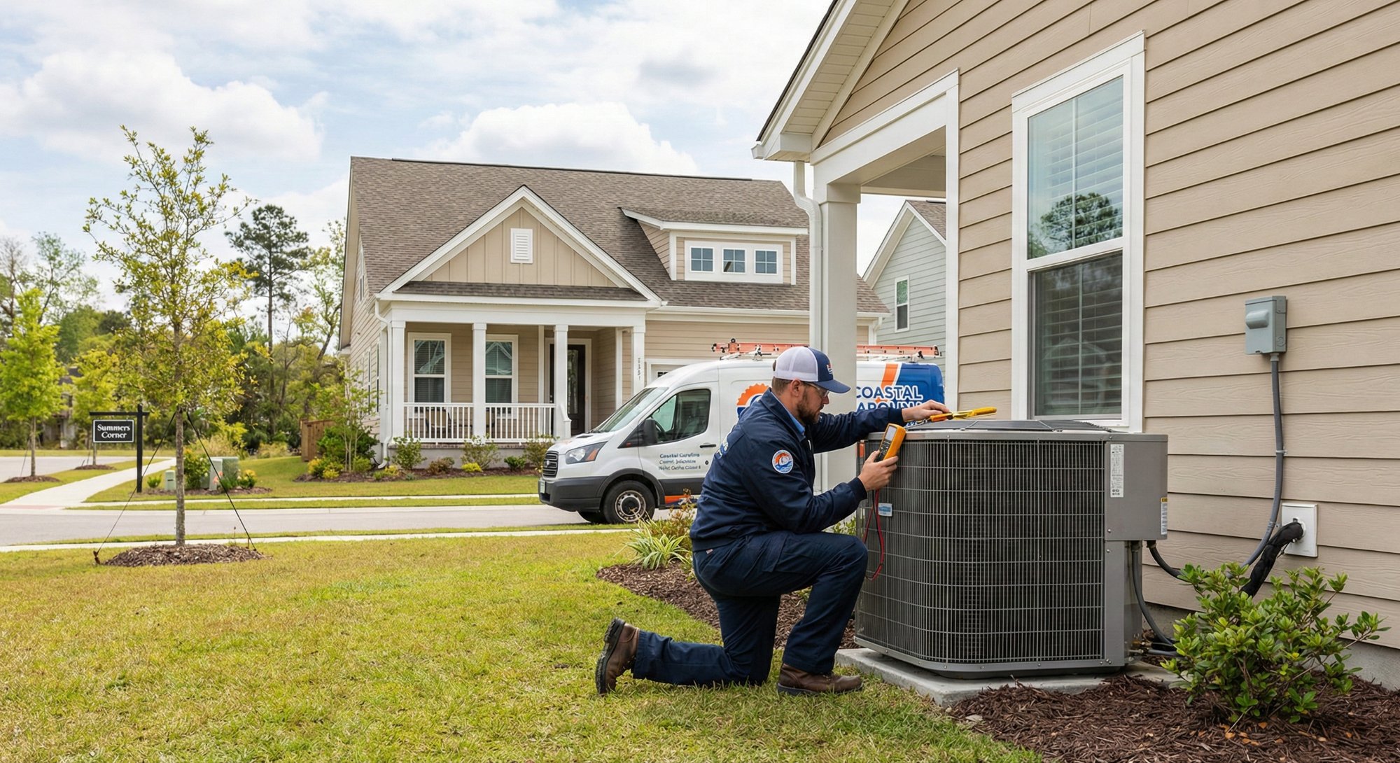 Coastal Carolina Comfort technician servicing outdoor AC unit in Summers Corner