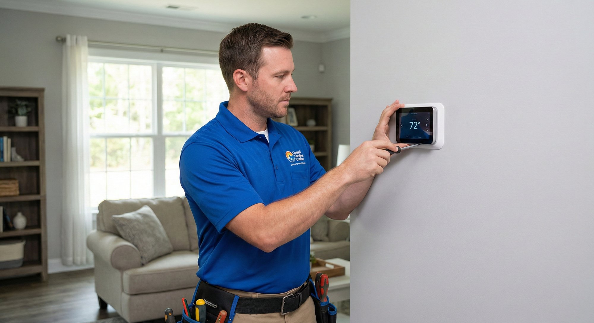 Coastal Carolina Comfort technician installing smart thermostat in customer home
