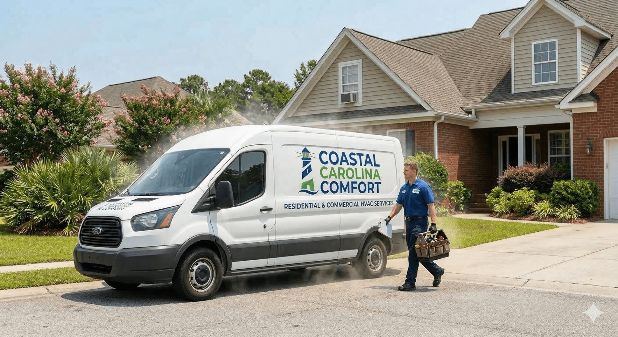 Coastal Carolina Comfort van and technician arriving at residential home for AC repair